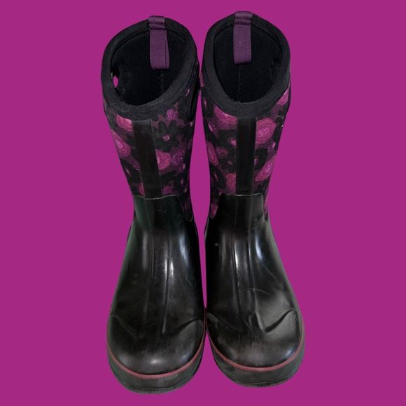 Youth Bogs K Classic Girls Water Color Boots Purple Pink Flowers Size 5 - Picture 2 of 7